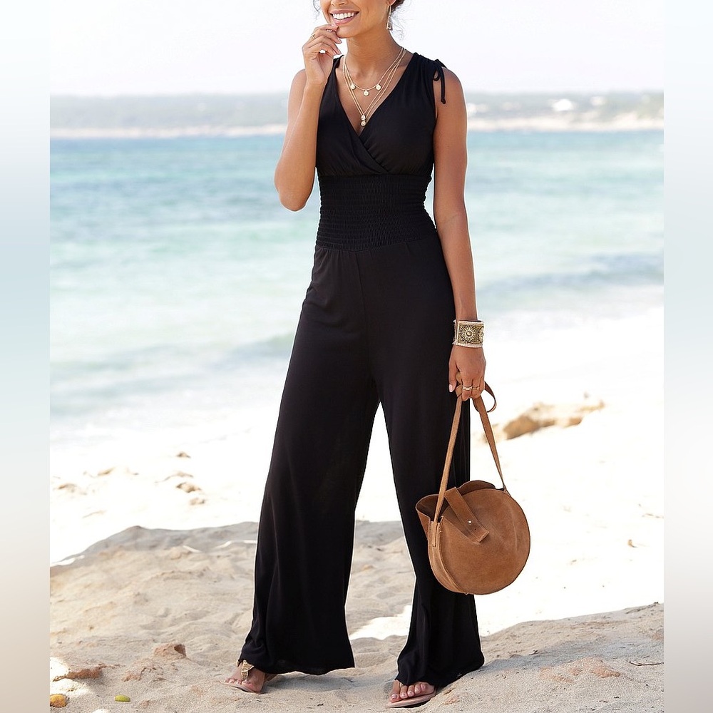 Lascana Tie-Shoulder Jumpsuit Wide Pant Smocked Waist Wrap Style V Neckline